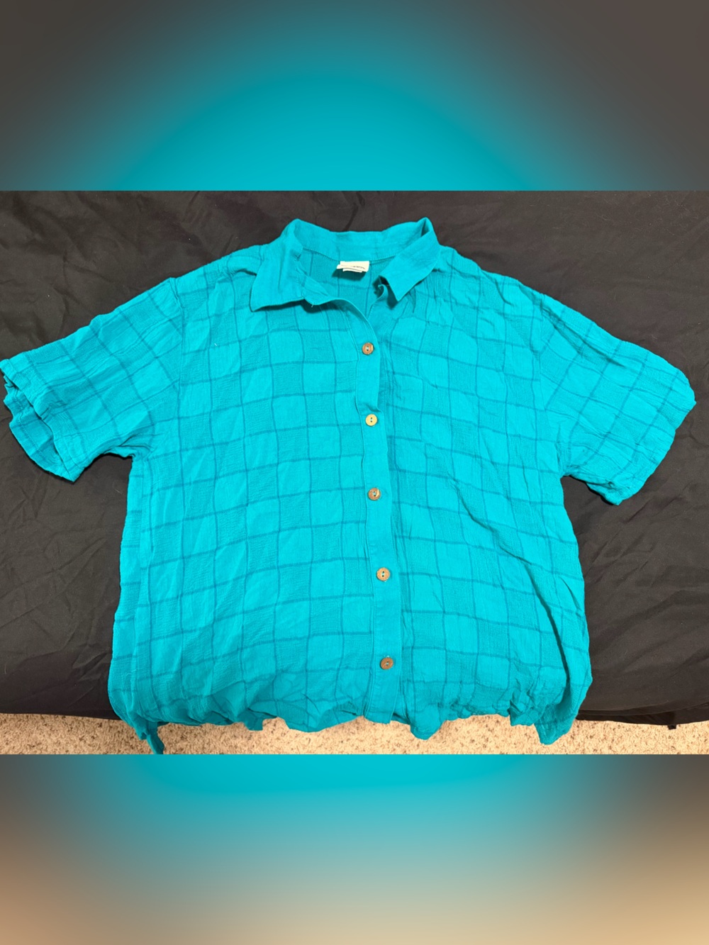 Vintage Teal Short-Sleeve Button-Down Beach Shirt